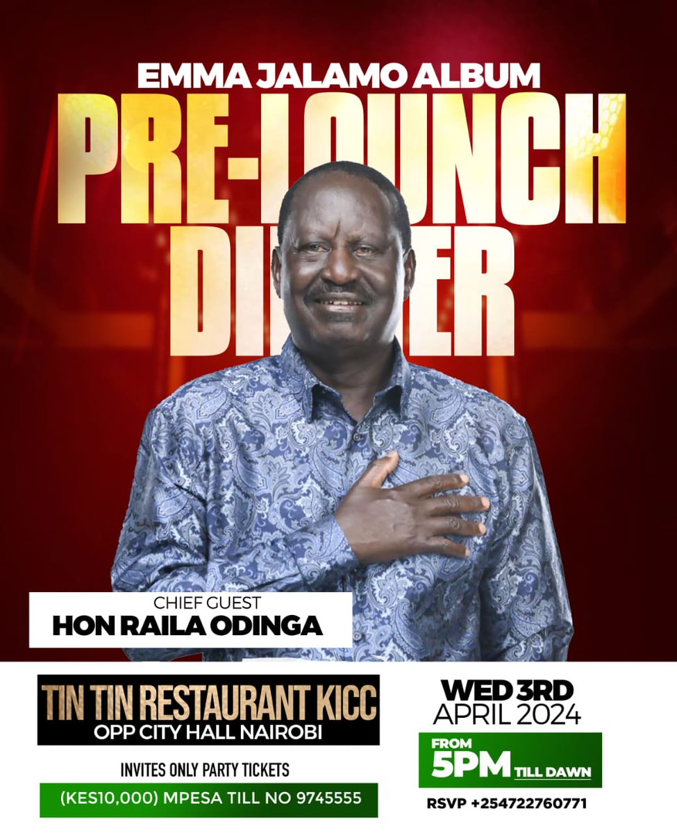 Ladies and gentlemen, it is a pleasure to announce that Rt. Hon. Raila Odinga will be joining us as the Chief Guest for our exclusive pre-launch dinner tonight at Tin Tin Restaurant, KICC, Nairobi, starting at 5pm. Tich Matek Emakelo Mwandu!