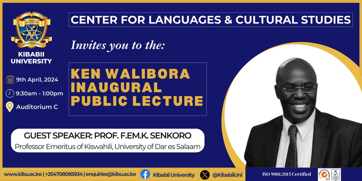 KEN WALIBORA INAUGURAL PUBLIC LECTURE This is to inform you about the change in date of the Ken Walibora Inaugural Public Lecture from Wednesday 10th April, 2024 to Tuesday 9th April, 2024. The event will start at 9:30 a.m. ALL ARE WELCOME!