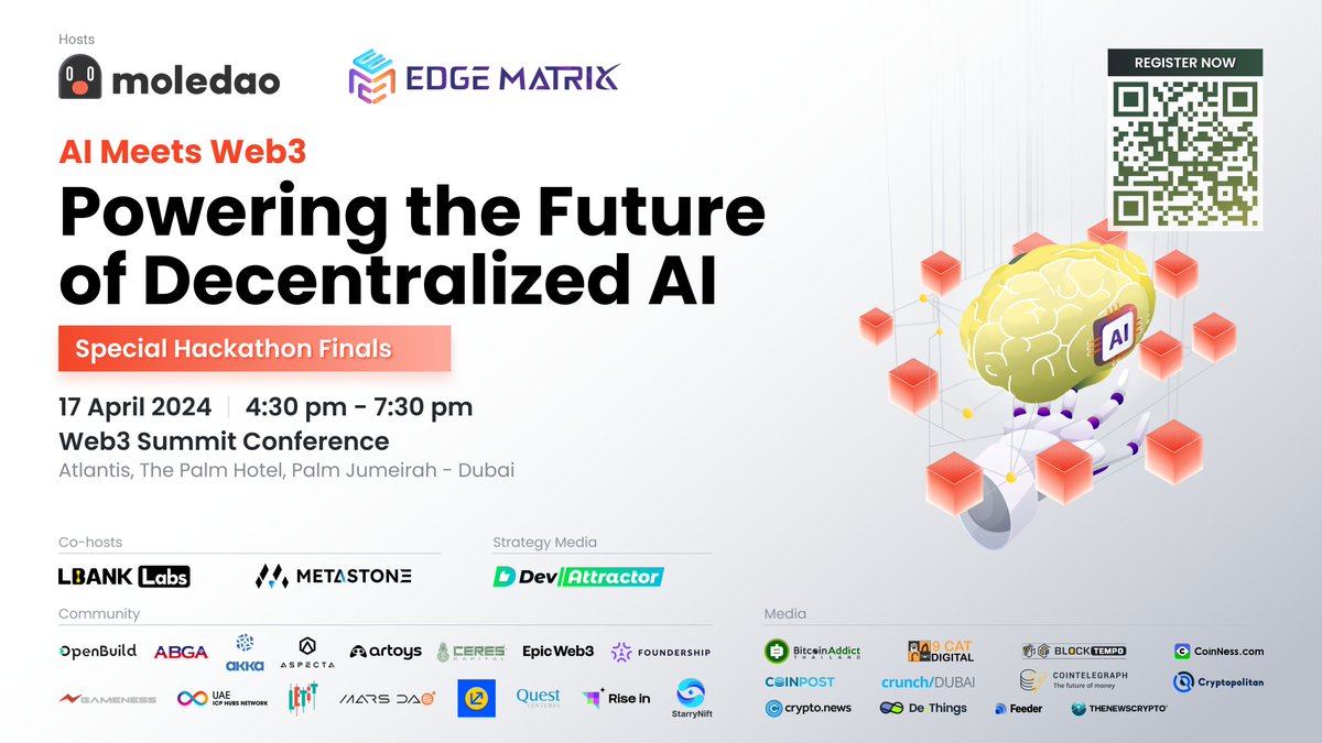 Excited to co-host the 'Web3Summit: AI Meets Web3' hackathon at #Token2049Dubai with @Moledao_io! Join us at Atlantis Hotel on April 17th for a deep dive into the #DeAISpring ecosystem. Engage with 2,000+ attendees & discover over 8 global #AI+#Web3 projects. Don't miss the…