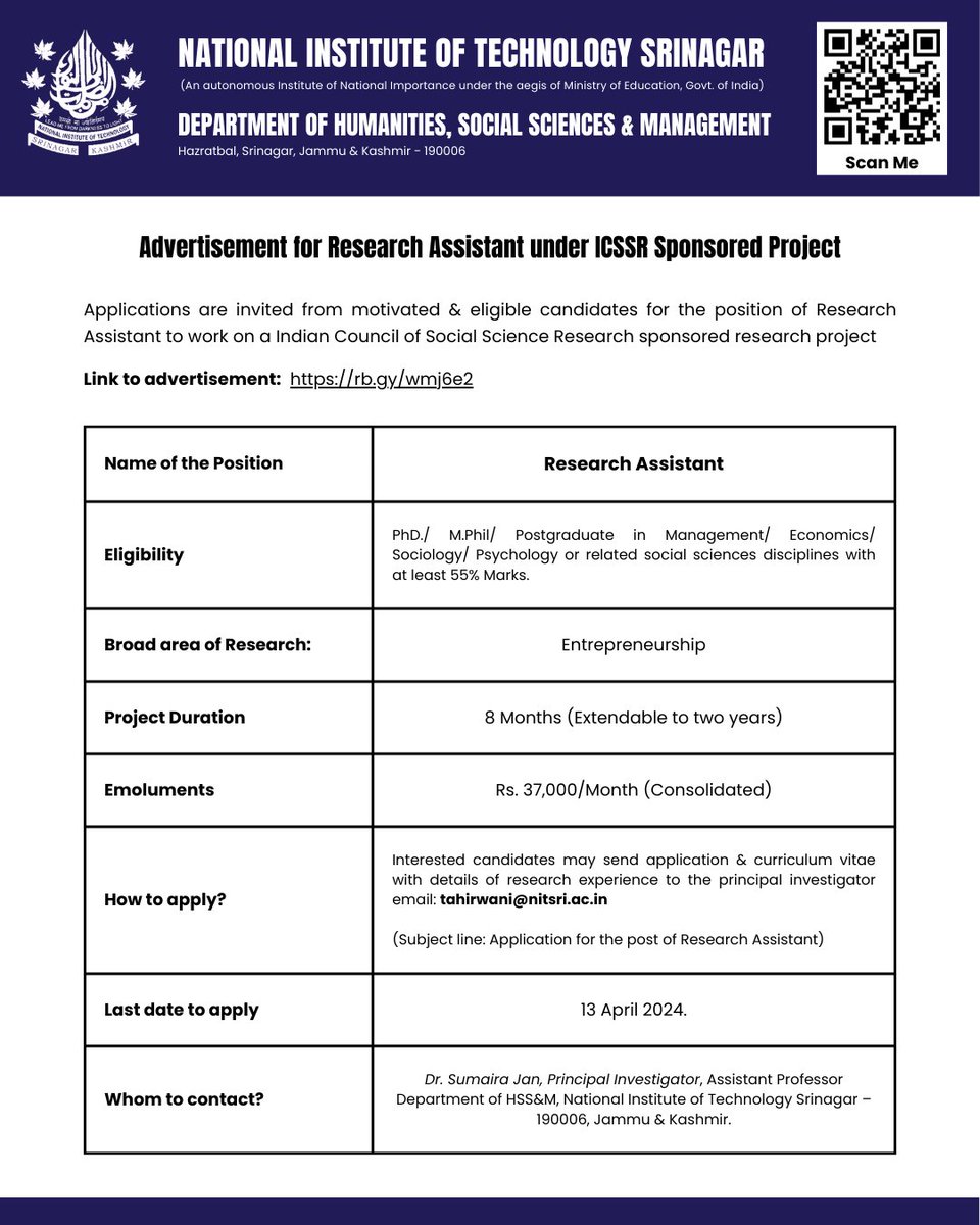 #advertisement for #ResearchAssistant under @icssr Sponsored Project with the Dept. of Humanities, Social #Sciences & Management Scan the code for complete details. #Job #Opportunity #research #researchopportunity #Kashmir #NITSrinagar