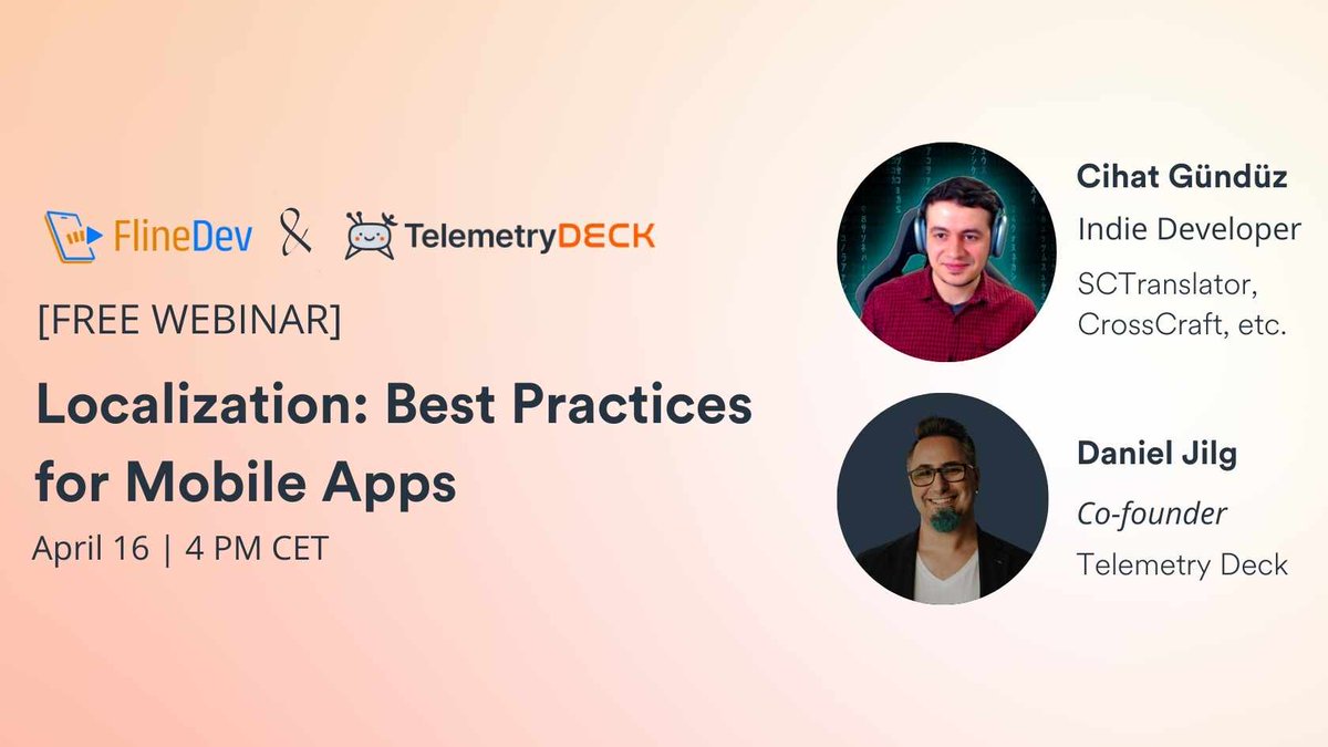 Telemetry_Deck's tweet photo. 📢 Our next webinar is about #localization 
Register for free, if you are an #App developer and want to bring your app to a broader user group. 
Get to know all the important aspects and join @breakthesystem and @Jeehut in a live Q&amp;A on April 16 here: https://t.co/TZ50lOuB3H https://t.co/trsMoMN6kh