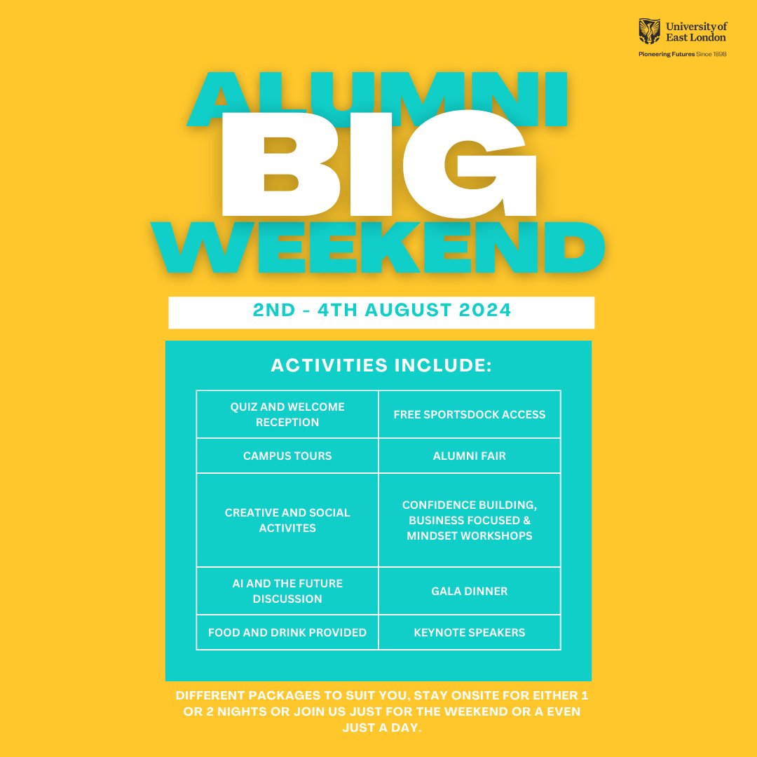 Reuniting with old friends 👫, reminiscing on the fun times 😄 and creating new memories 📝 at the Alumni BIG Weekend! 🎆 Have you purchased a ticket yet? We have many packages to suit you! Come and enjoy our wide range of activities! 🎫: bit.ly/3VKONae #uelalumni