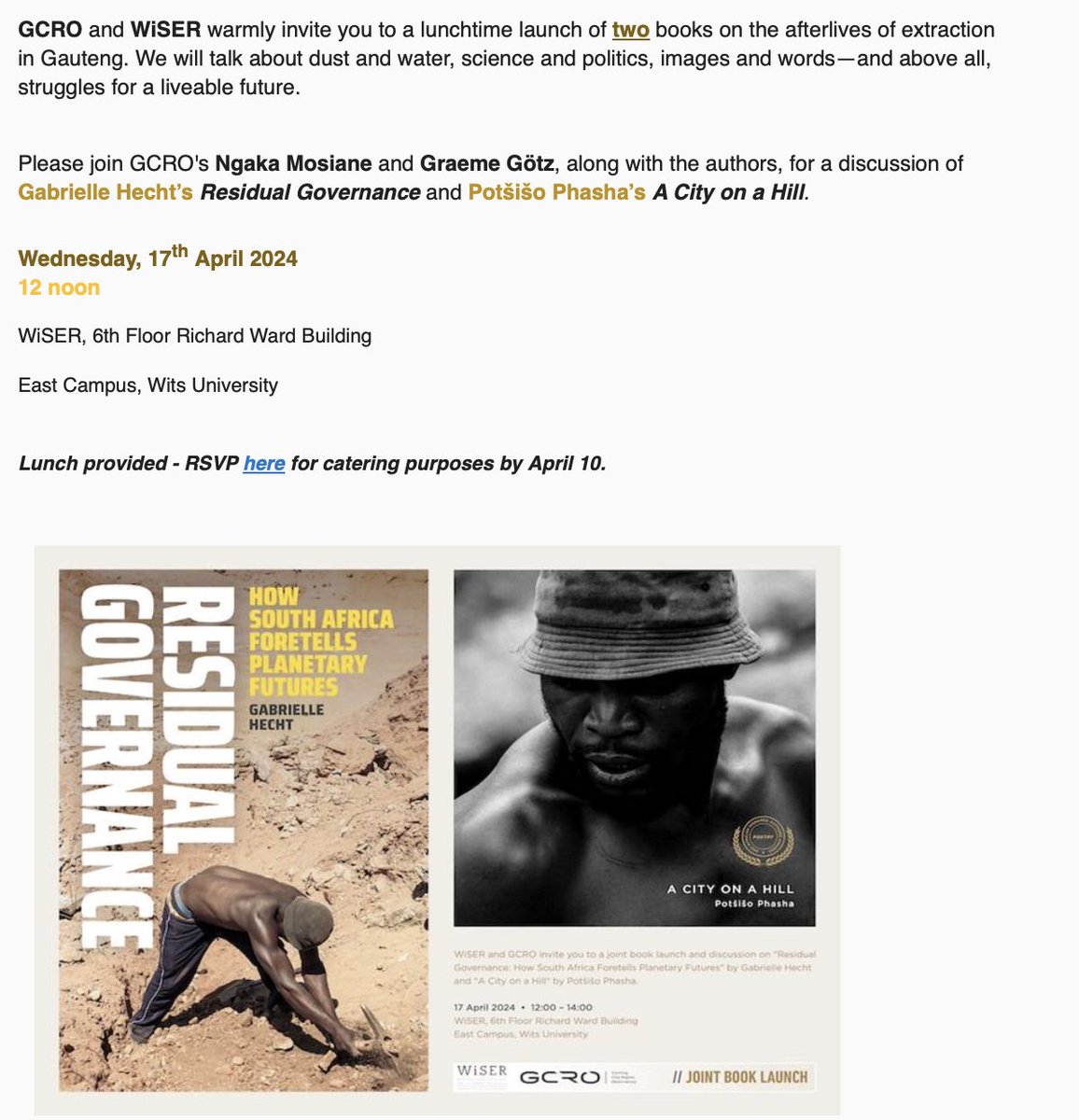 Book Launch | GCRO and WiSER invite you to a midday event celebrating the launch of two books that explore the legacy of extraction in Gauteng.   🗓️ 17th April 2024 🕛 12 pm details below ↓