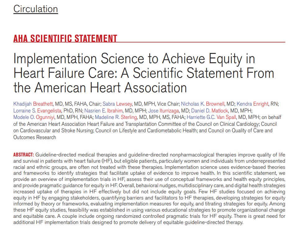 Providing an overview of implementation trials in heart failure, this statement assesses the use of conceptual frameworks & health equity principles, & provides pragmatic guidance for equity in HF. ✍🏽@KBreathettMD @docsabe @DrNasrien @Dan_Matlock @modeldoc @mad_sters @hvanspall