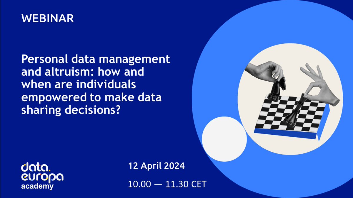 Join our #webinar on ‘Personal data management and altruism’ on 12 April 2024 from 10:00 to 11:30. Learn more about the #DataGovernanceAct and the implications for data sharing control. Register 👉 bit.ly/3TM6gxj Read more 👉 europa.eu/!jf4JbR #EUOpenData