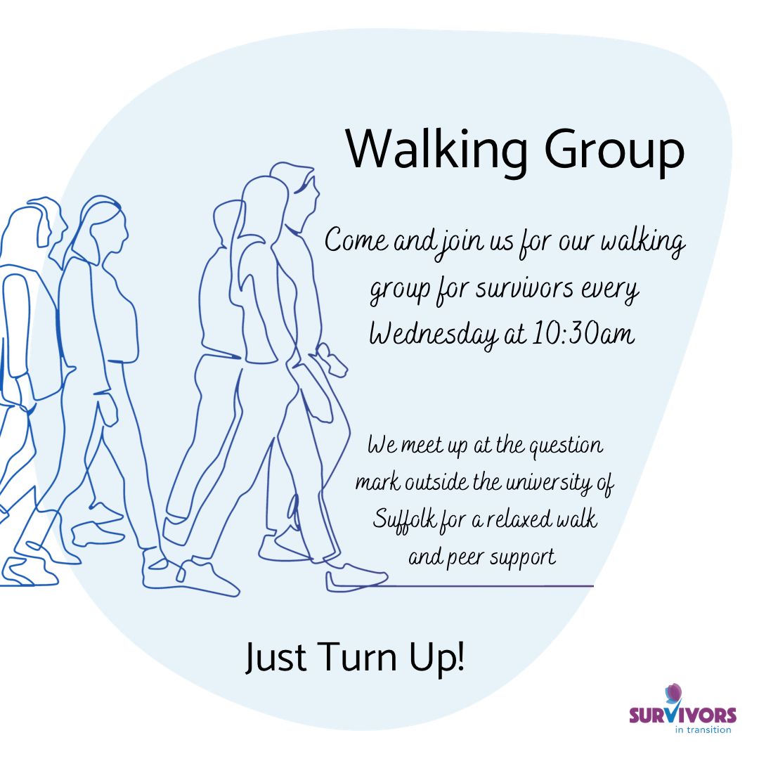 Happy National Walking Day! Walking group for survivors every Wednesday at 10:30am. Meeting up at the question mark outside the University of Suffolk 🌞 🌻 🌳