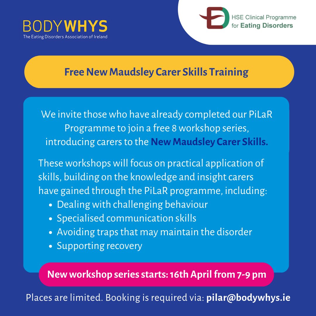 📢 We invite those who have already completed our PiLaR Programme to join a free 8 workshop series, introducing carers to the New Maudsley Carer Skills. New workshop series starts on: 16th April from 7-9pm. Please contact Christopher (pilar@bodywhys.ie) for booking. @NCP_ED