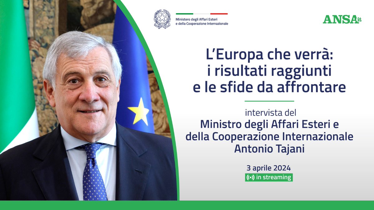 Il Ministro degli Affari Esteri e della Cooperazione Internazionale, @Antonio_Tajani, è ospite al #ForumANSA, insieme alla @EP_President @RobertaMetsola, intervistati dal Direttore @Agenzia_Ansa, @_luigicontu 🔴Segui la diretta 👇 ansa.it/europa/notizie…