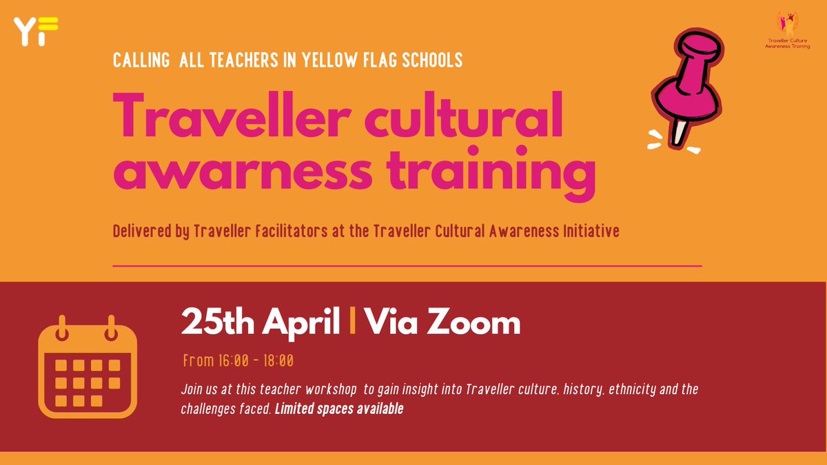 Calling teachers in Yellow Flag schools 📢 This month we're hosting the Traveller Cultural Awareness Initiative for an insightful, teacher workshop by Travellers on Traveller Cultural Awareness 📅25th April @ 16:00 - 18:00 📍Online Zoom Register by emailing sian@itmtrav.ie📧