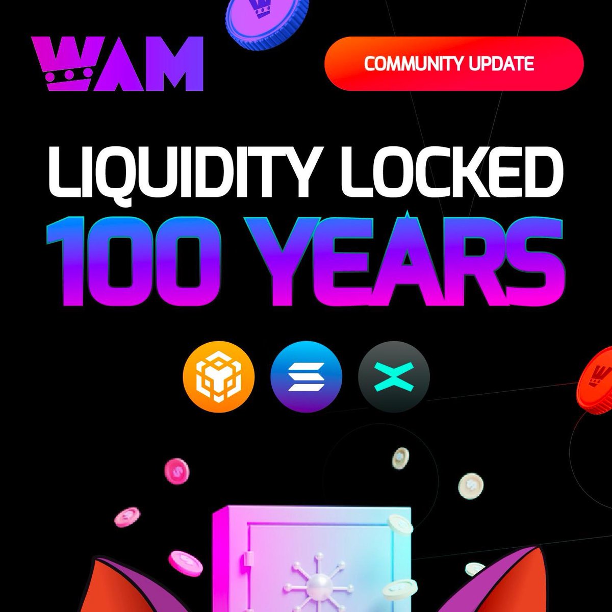 🚀 Big Announcement Alert! 🔒 Tonight, we're locking our liquidity for an unprecedented 100 YEARS! 💎 That's right, a century of rock-solid stability and unwavering commitment towards $WAM. 🚨 The Lock Event will occur tonight between 8-10 PM EEST time. #liquiditylock