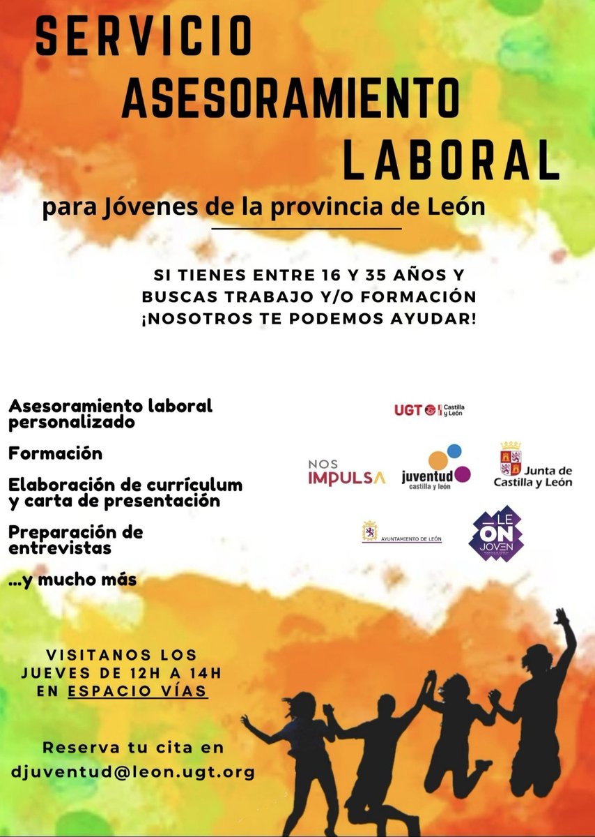 ¿Tienes entre 16 y 35 años? ¿ Buscas empleo? ¡Nosotros te ayudamos! Todos los jueves de 12 a 14 estaremos en Espacio vías @Leonjoven para ayudarte y asesorarte.Pide tu cita en 📬djuventud@leon.ugt.org 📍Espacio vías: Av.Padre Isla 48,24002 #leonesp @LeonAyto @UGT_Leon