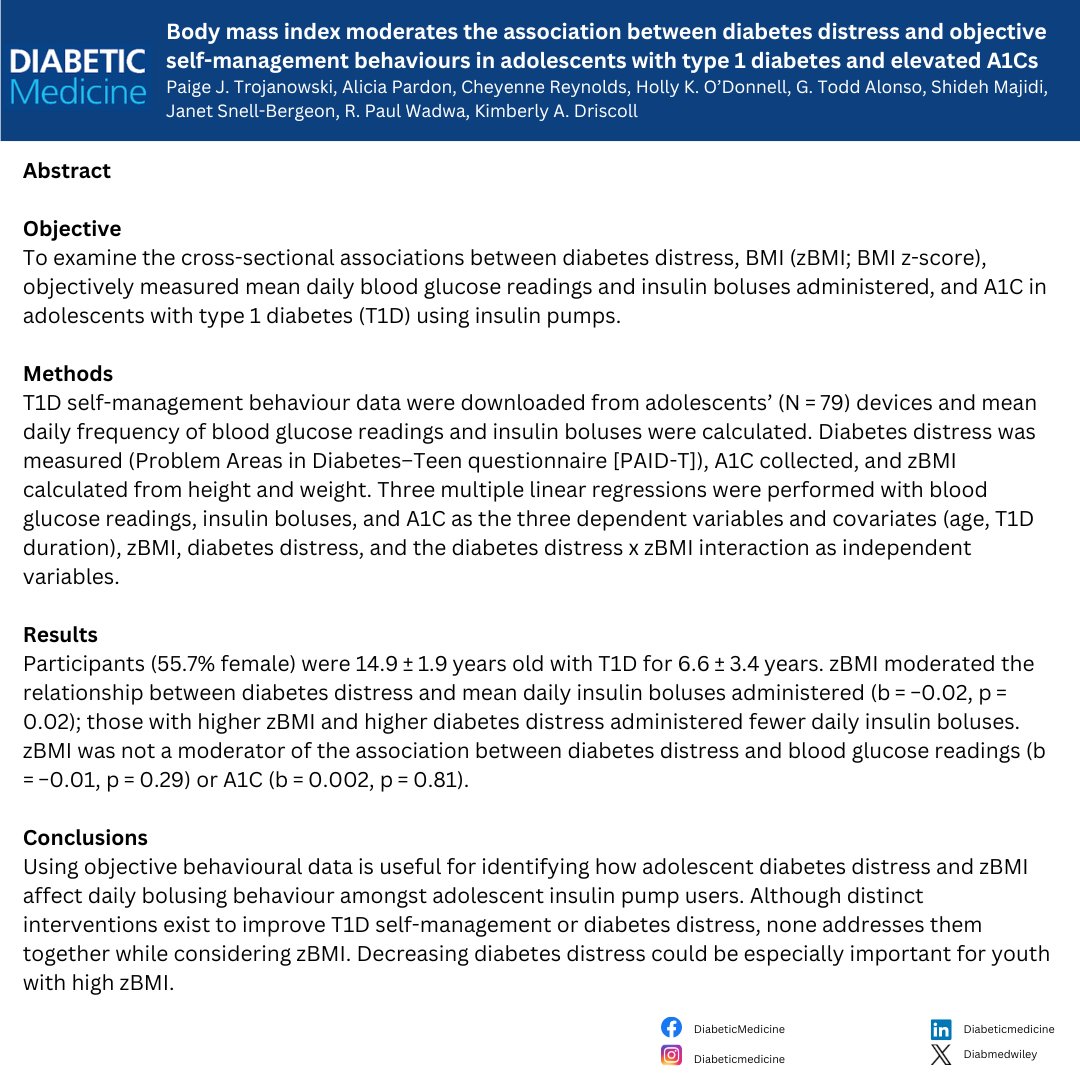 Body mass index moderates the association between diabetes distress and objective self-management behaviours in adolescents with type 1 diabetes and elevated A1Cs by Paige J. Trojanowski et al. 

🔗doi.org/10.1111/dme.15…

#t1diabetes #adolescents #t1d #BMI #diabetesdistress