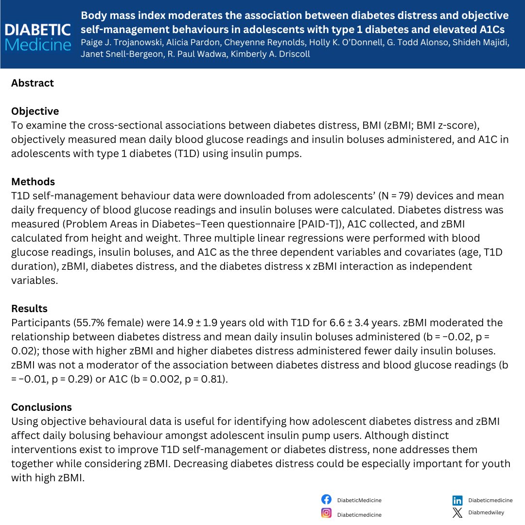 Body mass index moderates the association between diabetes distress and objective self-management behaviours in adolescents with type 1 diabetes and elevated A1Cs by Paige J. Trojanowski et al. 🔗doi.org/10.1111/dme.15… #t1diabetes #adolescents #t1d #BMI #diabetesdistress