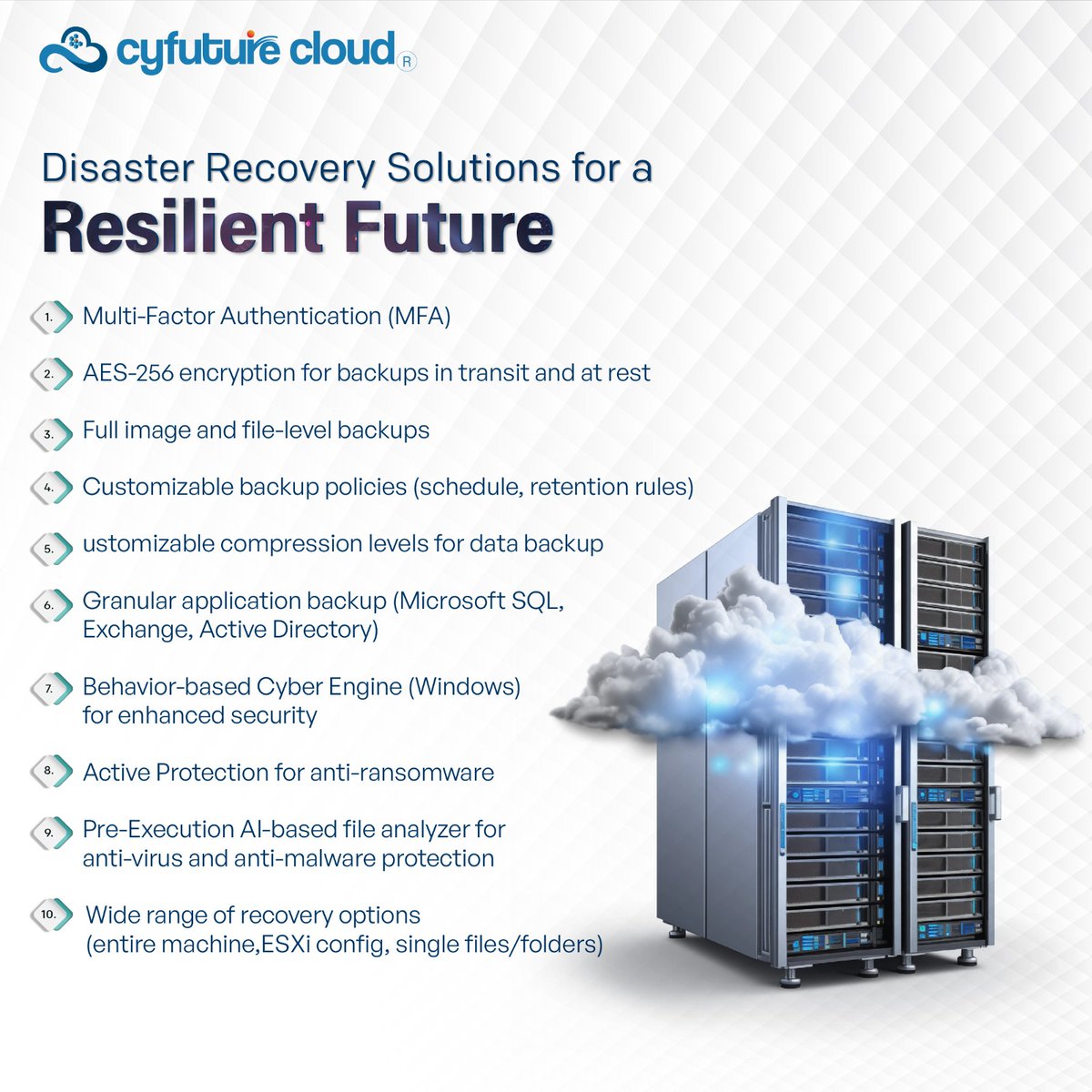 Cyfuturecloud's tweet image. Cyfuture Cloud's disaster recovery solution is paving the way for a resilient future. With robust features designed to safeguard your operations, we're empowering businesses to bounce back stronger than ever.
#cloudhosting #cloudhostingsolution #cloud #cloudhosting #datacenter