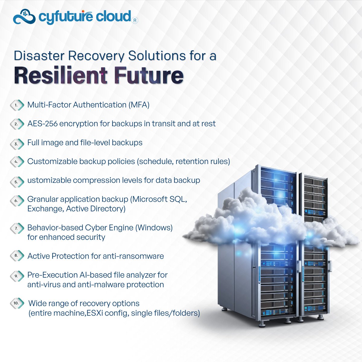 Cyfuture Cloud's disaster recovery solution is paving the way for a resilient future. With robust features designed to safeguard your operations, we're empowering businesses to bounce back stronger than ever.

#cloudhosting #cloudhostingsolution #cloud #cloudhosting #datacenter