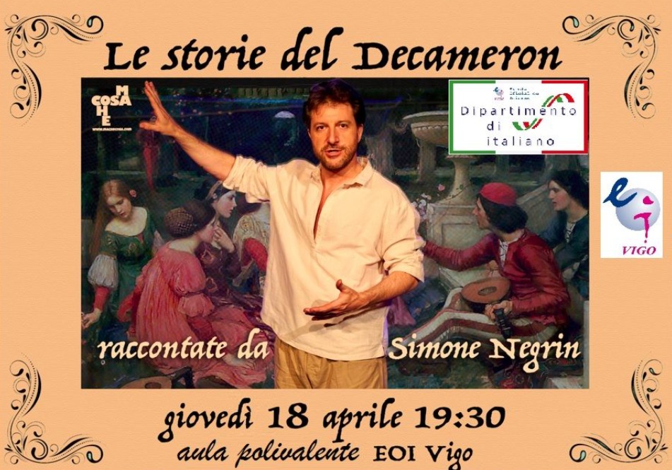 🇮🇹 A historia do Decamerón contada por Simone Negrin é unha actividade que o Departamento de italiano nos ofrecerá o próximo xoves 18 de abril. Terá lugar na Aula Polivalente ás 19h30. 📌 Aula polivalente 📆 Xoves 18 de abril ⏲️19h30