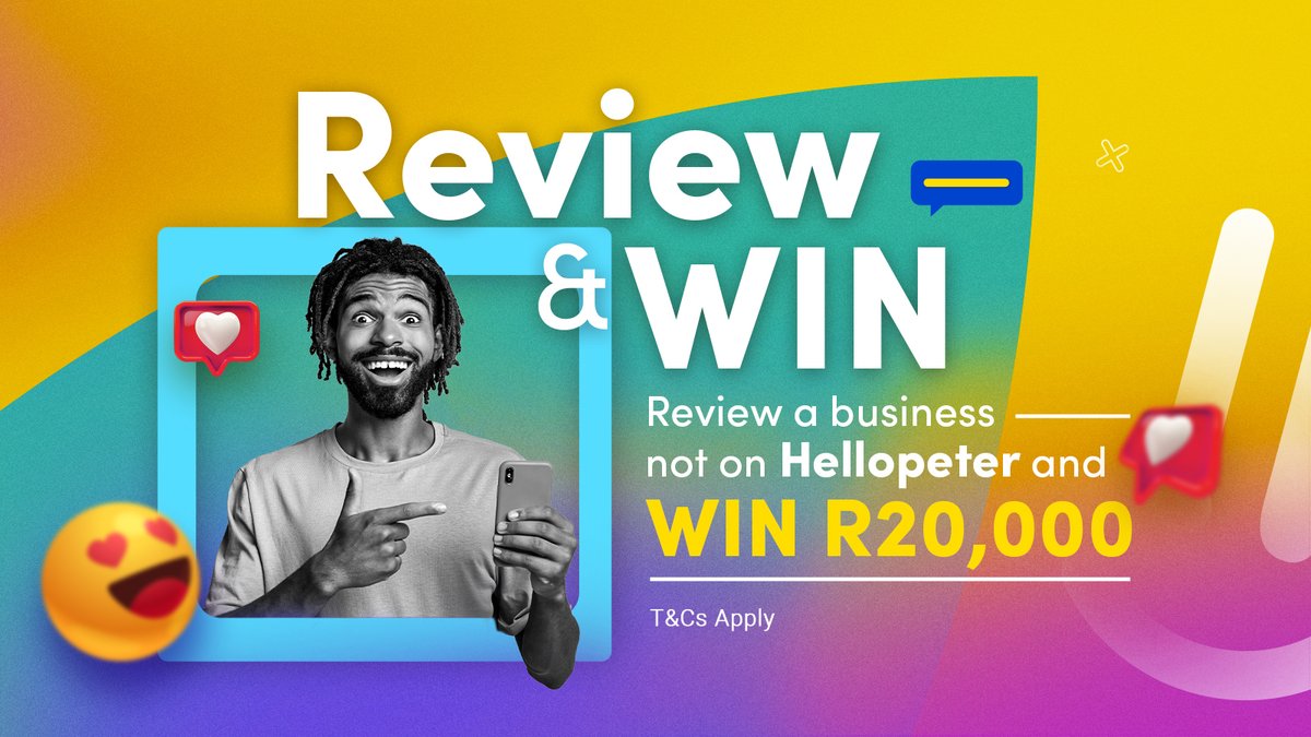 Stand a chance to WIN R20,000 cash! 💸 ✨ ✅ Write a review for a business NOT yet listed on Hellopeter: hubs.li/Q02rDjKt0 ✅ Important: enter the business's email address T&Cs apply. hubs.li/Q02rtGMq0 #ReviewstoRiches #Hellopeter #HellopeterReviews