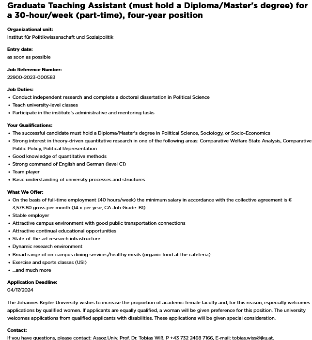 JOB ALERT! PhD position (75% for 4 years) in quantitative #PoliticalScience #polsci or #SocialPolicy @jkulinz Deadline: April 17. Please share widely! karriere.jku.at/engage/jobexch…