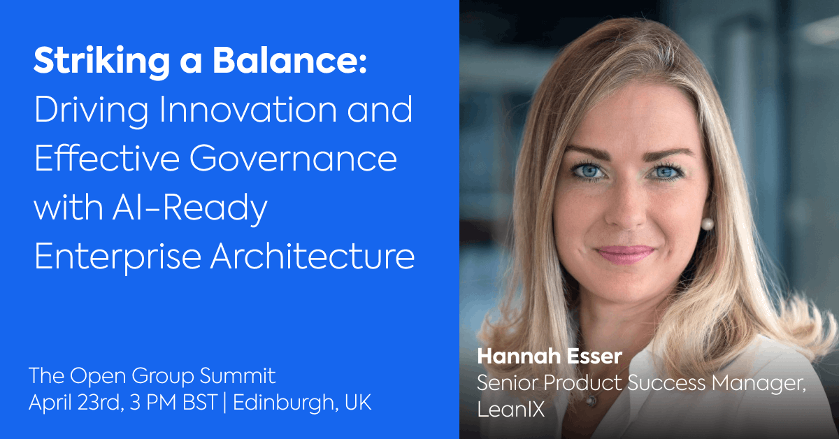 Join Hannah Esser, Senior Product Success Manager, LeanIX, in Edinburgh on 23 April 23 at the Open Group Summit for her presentation 'Striking a Balance: Driving Innovation and Effective Governance with #AI-Ready #EnterpriseArchitecture' bit.ly/3ISKBgX