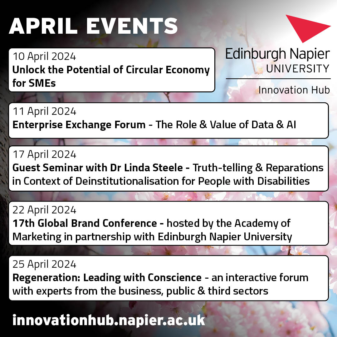 We have some great external events coming up at @EdinburghNapier this month, in a variety of fields & sectors, and all are welcome to join us to connect with our experts for networking, learning, & exploring future collaborations! 👀 Browse & book!👇 innovationhub.napier.ac.uk/news-and-event…