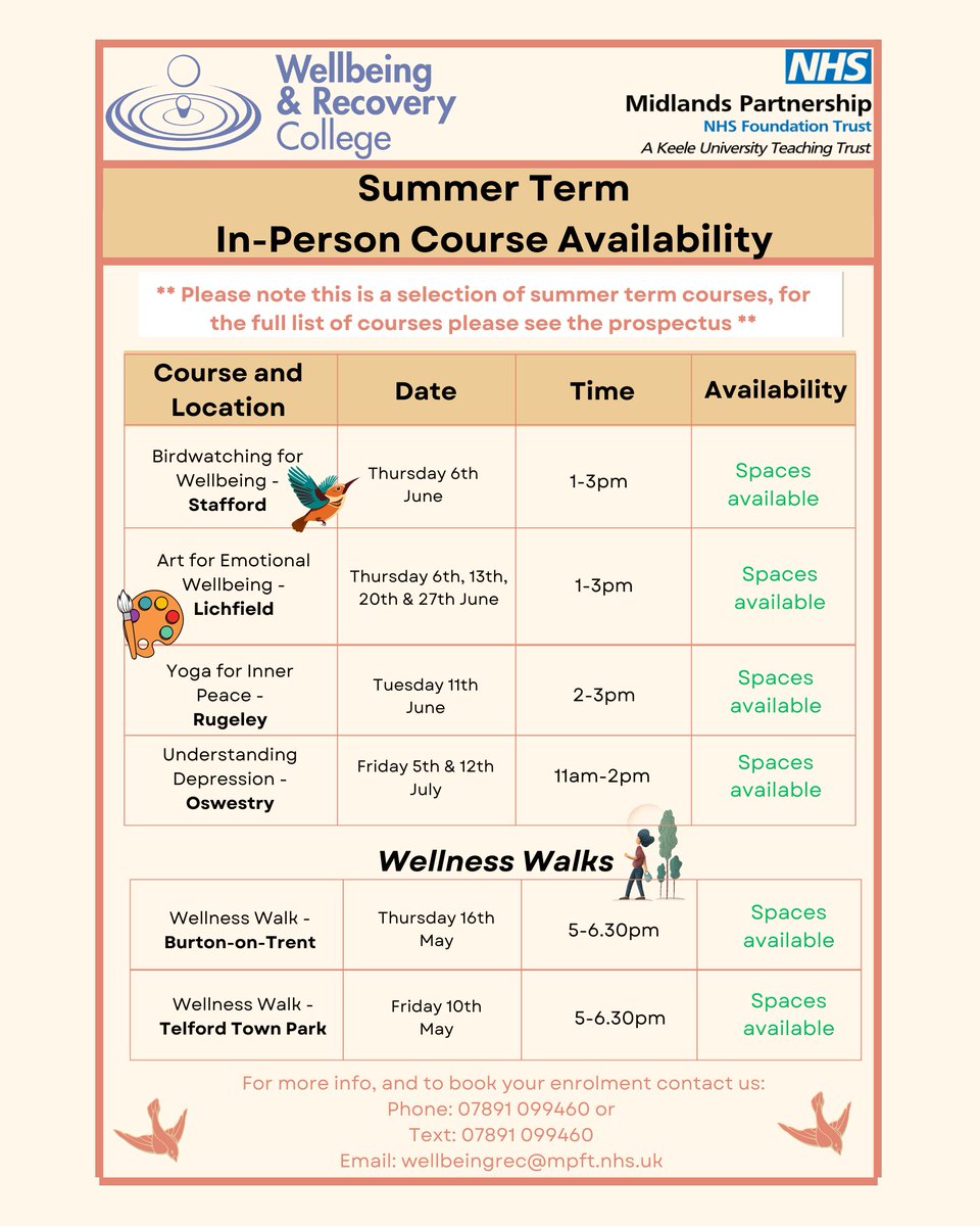 There's lots of exciting courses coming up this summer term. Want to know more? Get in touch with our friendly team to discuss the courses you're interested in and book your place #recoverycollege #mpft