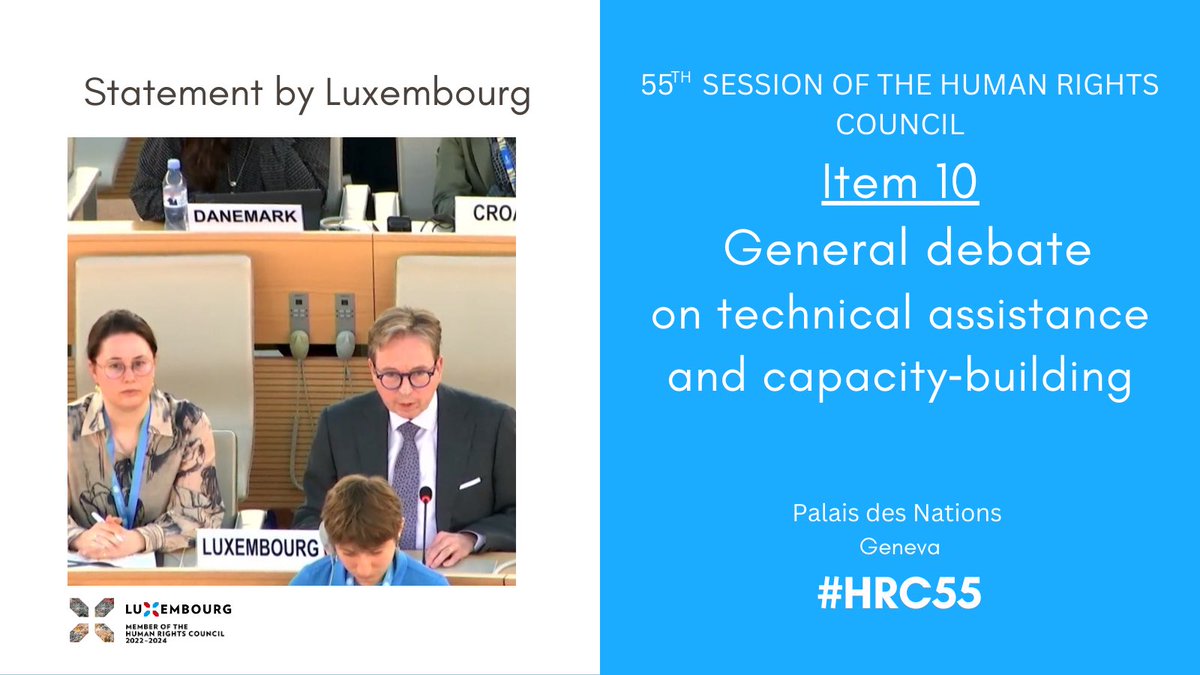 At the #HRC55 general debate on capacity building (item 10), #Luxembourg🇱🇺 commended @UNHumanRights' work to strengthen states' #HumanRights capacities. However, the liquidity crisis is halting progress. 🇱🇺 calls on all member states to pay any outstanding UN budget contributions