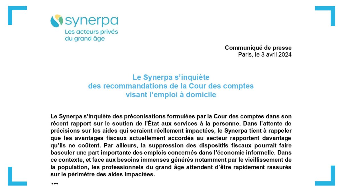 [#Communiquédepresse ] 🗣️ Le Synerpa s'inquiète des recommandations de la Cour des comptes dans son rapport sur le soutien de l'État aux services à la personne. Il craint que la suppression des avantages fiscaux accordés au secteur ne fasse basculer une partie importante des…