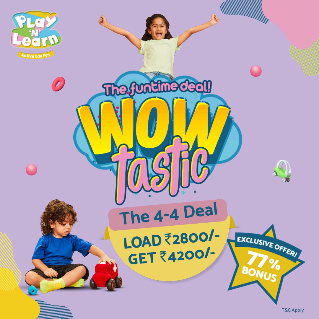 TheGVKone's tweet image. Play More, Discover More with the 04-04 Deal!  Valid only on 4th Mar @playnlearn_ind
Avail 77% MORE FUN!
⏰ Hurry, It’s Playtime!
#Kids #Indoorplayarea #PlaymoreDiscovermore #PlayDeal #PlayNLearn #Ballpool #Trampoline
#Offeralert
TCA
Socks Mandatory for all to enter Play Area