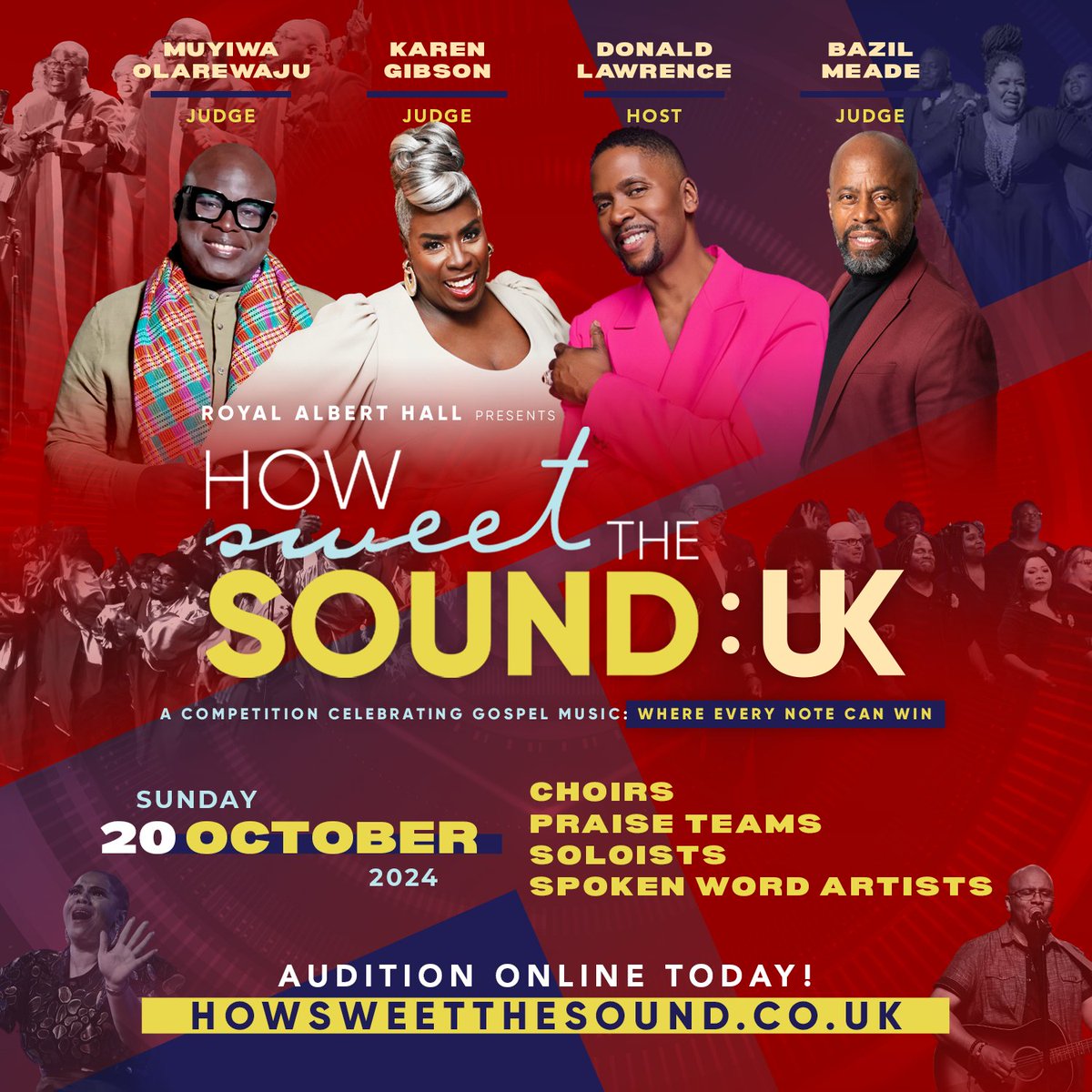 A Step FWD (@astepfwd) on Twitter photo European Choirs, Praise Teams, Soloists & Spoken Word Artists! Perform at Royal Albert Hall this October. Audition for HOW SWEET THE SOUND today. Deadline: April 16. Hosted by <a href="/DonaldLawrence/">Donald Lawrence</a> w/ Judges <a href="/LDMeade2/">BazilMeadeMBE</a> <a href="/mskarengibson/">Karen Gibson MBE, FRSL Hons</a> <a href="/officialmuyiwa/">Muyiwa Riversongz OBE</a>.
More info: howsweetthesound.co.uk European Choirs, Praise Teams, Soloists & Spoken Word Artists! Perform at Royal Albert Hall this October. Audition for HOW SWEET THE SOUND today. Deadline: April 16. Hosted by <a href="/DonaldLawrence/">Donald Lawrence</a> w/ Judges <a href="/LDMeade2/">BazilMeadeMBE</a> <a href="/mskarengibson/">Karen Gibson MBE, FRSL Hons</a> <a href="/officialmuyiwa/">Muyiwa Riversongz OBE</a>.
More info: howsweetthesound.co.uk