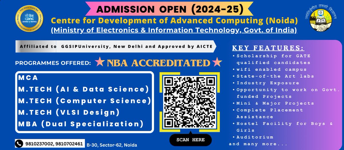 Ready to unlock your tech destiny? Join @cdacindia for 2024-25! Explore AI, Data Science, M.Tech (AI/DS, CS, VLSI), MBA (Dual Specialization) & MCA affiliated from #GGSIPU and dive into a world of limitless possibilities! Apply now! #TechEducation #FutureLeaders