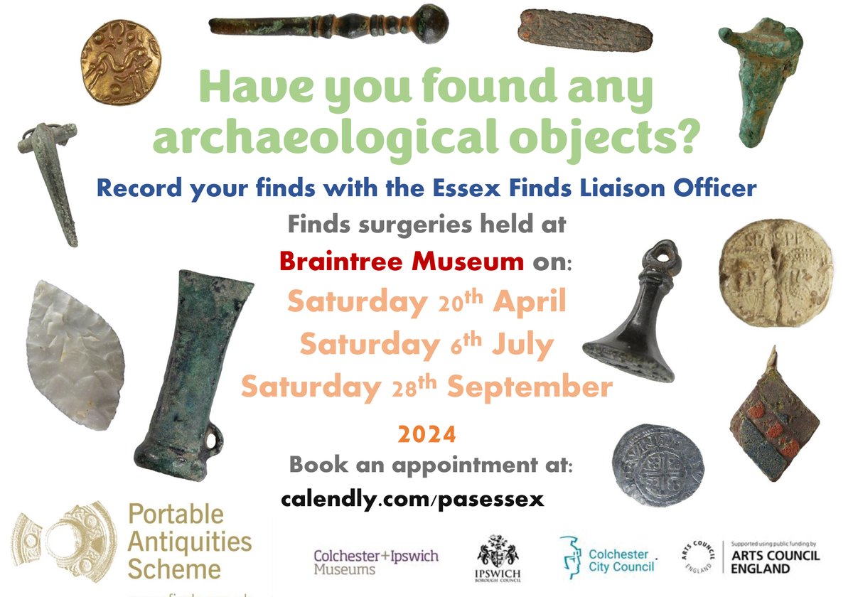 Our first Braintree finds surgery will be at Braintree Museum on Saturday the 20th of April. Book an appointment here: calendly.com/pasessex/brain…
#PortableAntiquitiesScheme #RecordYourFinds #MetalDetecting