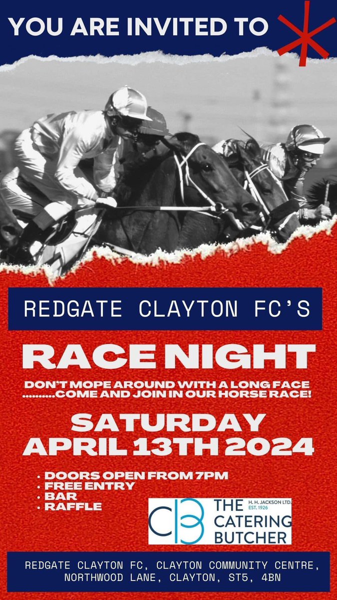 🏇 RACE NIGHT 🏇 

Come and join us on April 13th from 7pm for an entertaining race night !! 

All welcome to the family event, so come along and support the club!! 

#RaceNight #UpTheGate 🔵🔴