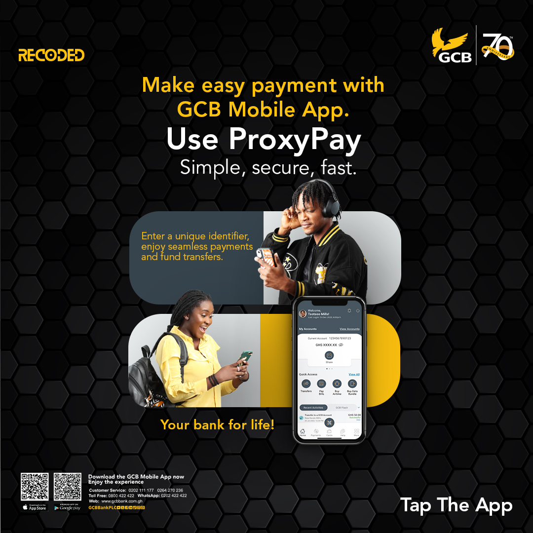 GCBBankPLC's tweet photo. Simplify your transactions with Proxy Pay – just input a distinctive identifier for effortless payments and smooth fund transfers.
Download the enhanced GCB Mobile App today!
#gcbmobileapp #taptheapp #SelfOnboarding #GCBIs70 #GCB #YourBank4Life https://t.co/pRKy6lhCF1