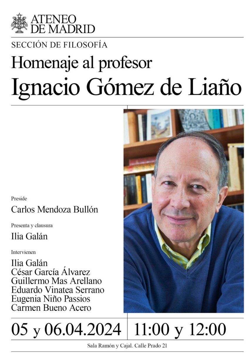 Si te encuentras en #España y no pudiste asistir a la charla con el escritor español Ignacio Gómez de Liaño en el marco de la Feria del Libro de El Cairo 2022 🇪🇬 , ahora tienes otra oportunidad para esucharle en el homenaje que le hacen el 5 de abril en el @ateneodemadrid 🇪🇸