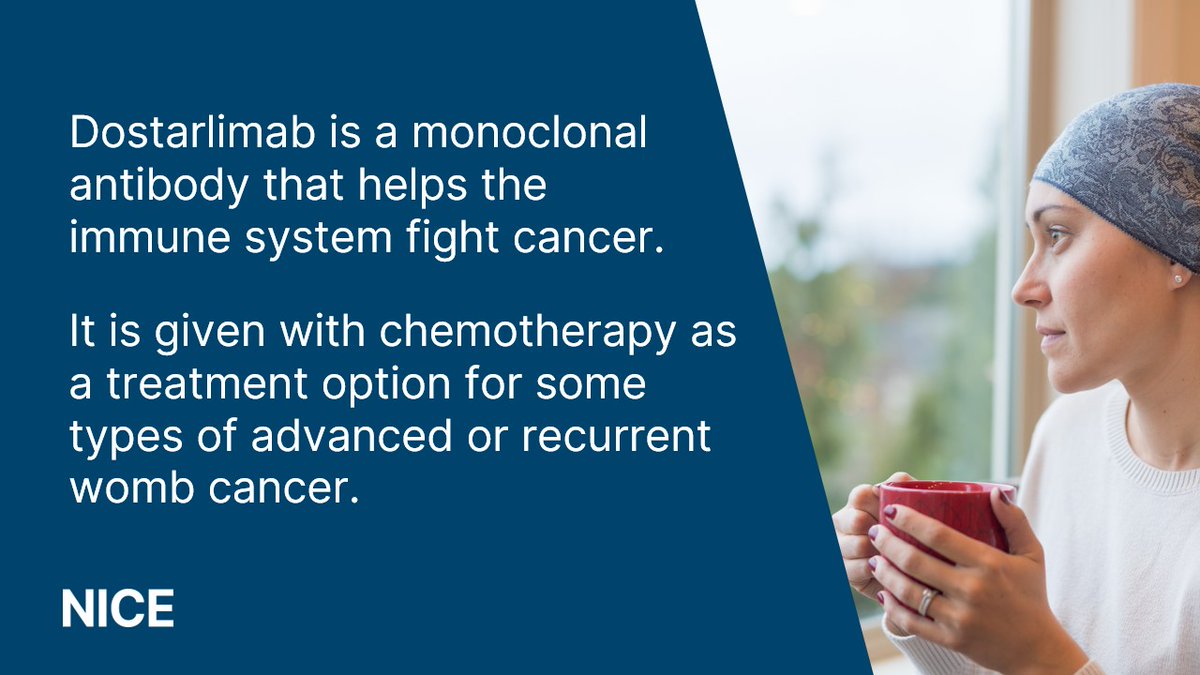 People with advanced or recurrent womb cancer can be offered a 30-minute infusion treatment to treat their condition.  

Dostarlimab has been recommended for use in the Cancer Drugs Fund.  

Learn more: nice.org.uk/News/Article/n…

#NICENews