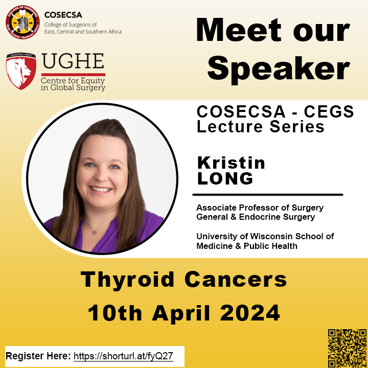 Join Prof. Kristin Long's lecture on Thyroid Cancer in the COSECSA-CEGS Lecture Series! Expand your healthcare expertise, focusing on Thyroid Cancer and its complexities. 
Register now: shorturl.at/fyQ27 
#ThyroidCancer #MediastinalTumors #HealthcareLearning