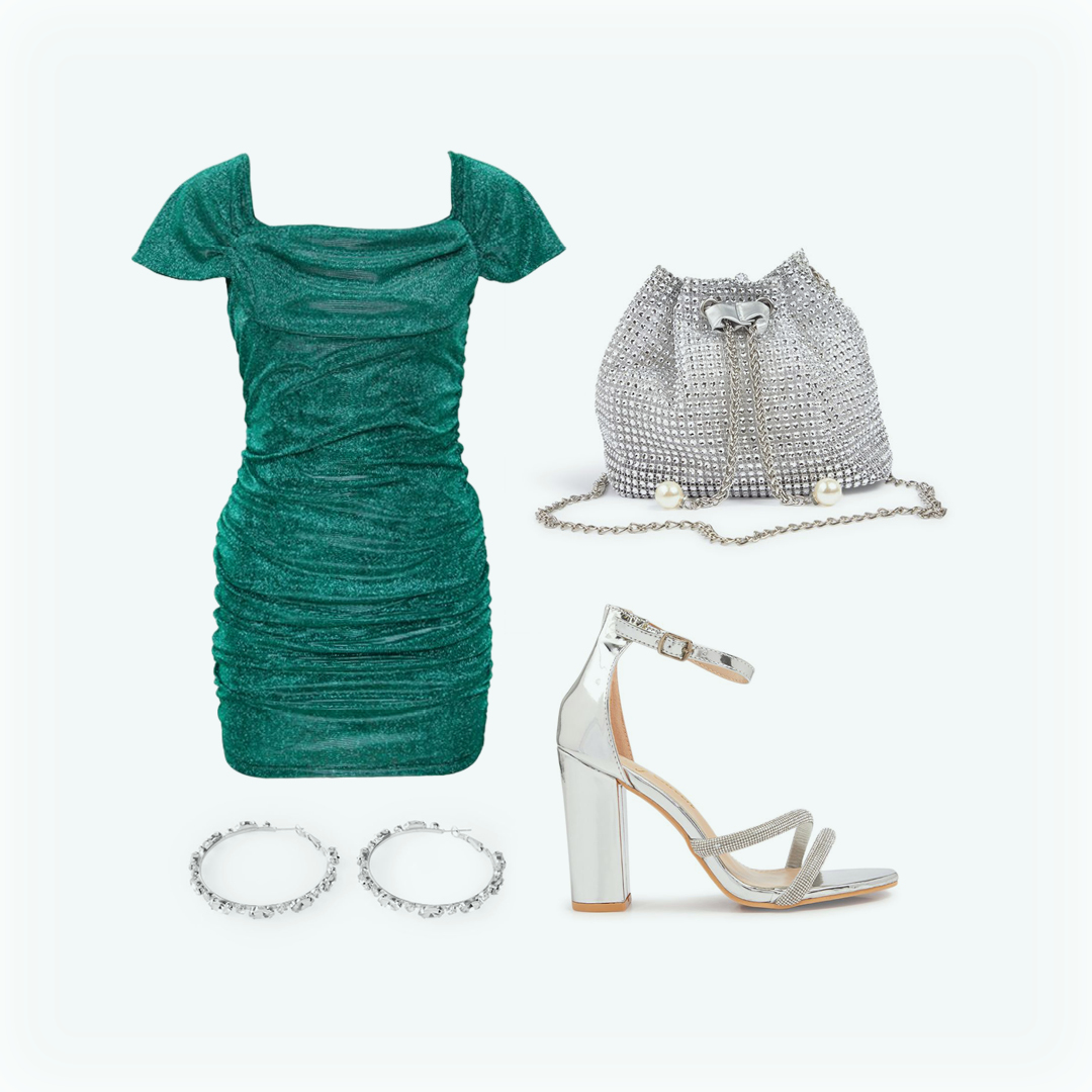 NEW IN:  Date Night outfits. 😍✨

Teal Sparkle Gauged Mini MISS PORT R899 (197.8446)
Silver Rhinestone Pearl Bag 4FLAVOUR BAGS R420 (316.7322)
Rhodium  Hoop Earrings CHAMELEON CREATIONS R250 (057.1864)
Silver Shiny Block Heel Sandal With Ankle Strap SLAY QUEEN R899 (368.6013)