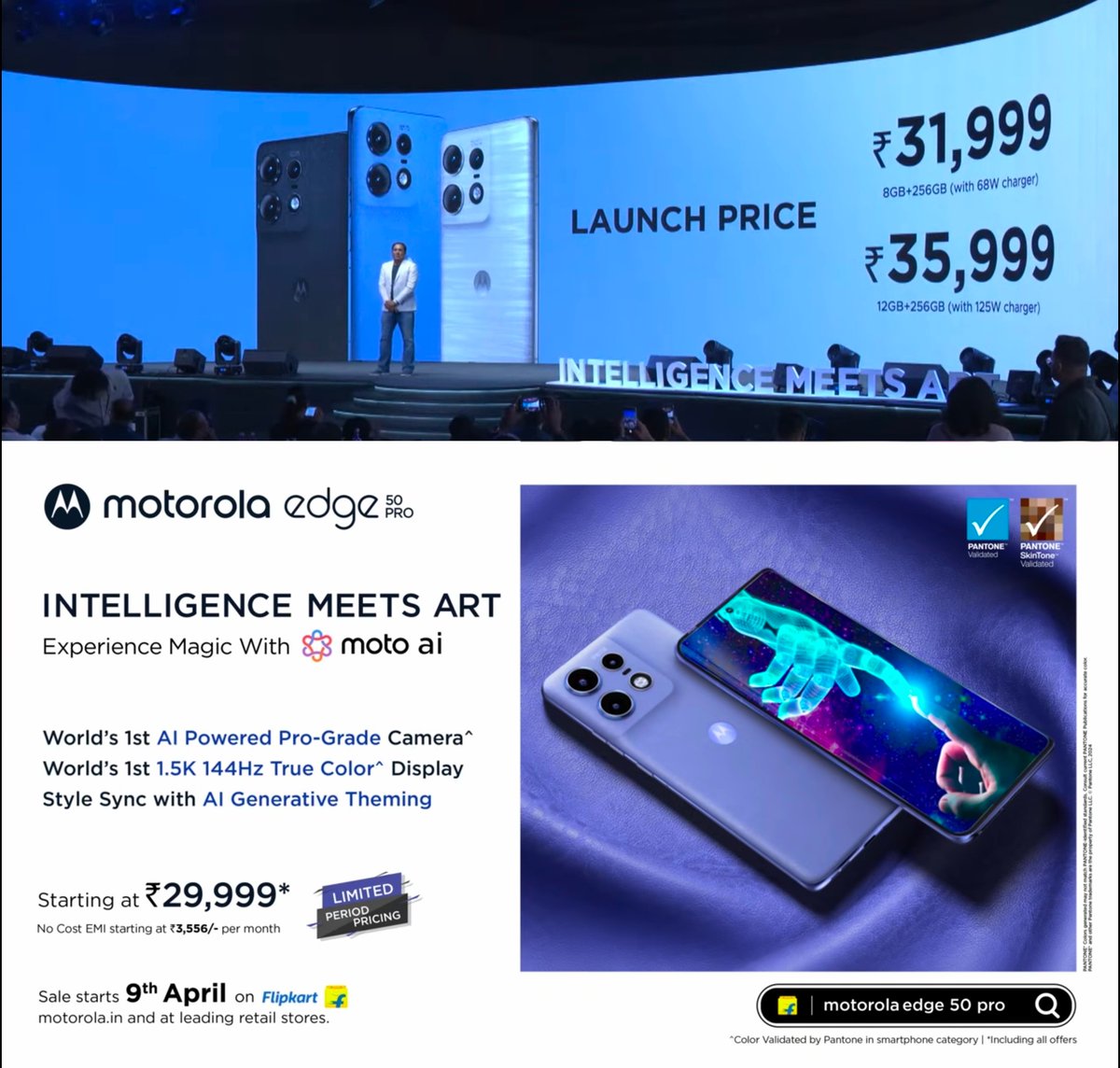 Motorola Edge 50 Pro launched in India.

Specifications
📱 6.7' 1.5K pOLED LTPS curved display 144Hz refresh rate, 2000nits peak brightness, 446 PPI 
🔳 Qualcomm Snapdragon 7 Gen 3
LPDDR4x RAM, UFS 2.2 storage
🍭 Android 14
📸 50MP main OIS+ 13MP Ultrawide+ 10MP telephoto 3x rear