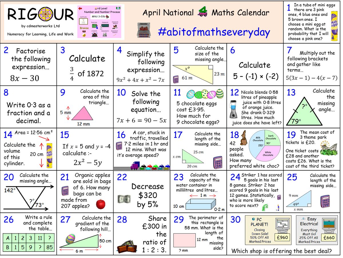 **CALLING ALL National 4 Maths Pupils** Do you want to consolidate your #Nat4Maths skills this month? If so, try our April Calendar! Download this calendar and view the answers here; rigourmaths.com/national-quali… #abitofmathseveryday #littleandoften 🥉🥈🥇🎯📅