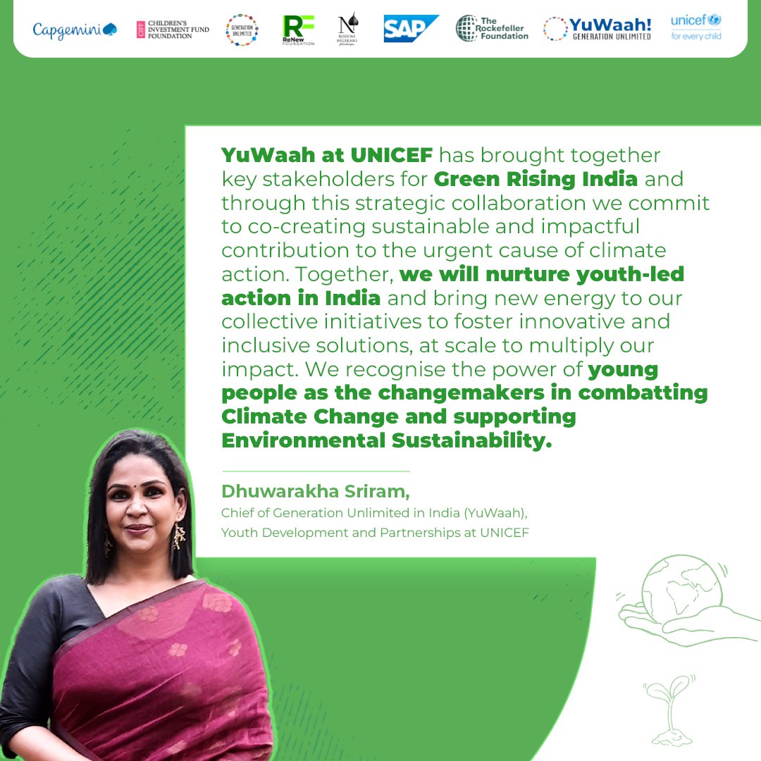 @dhuwarakha, Chief of #YuWaah, Youth Development and Partnerships at @UNICEFIndia, shares that with the power of youth and collective action, we can take positive action against climate change. #GreenRisingIndia