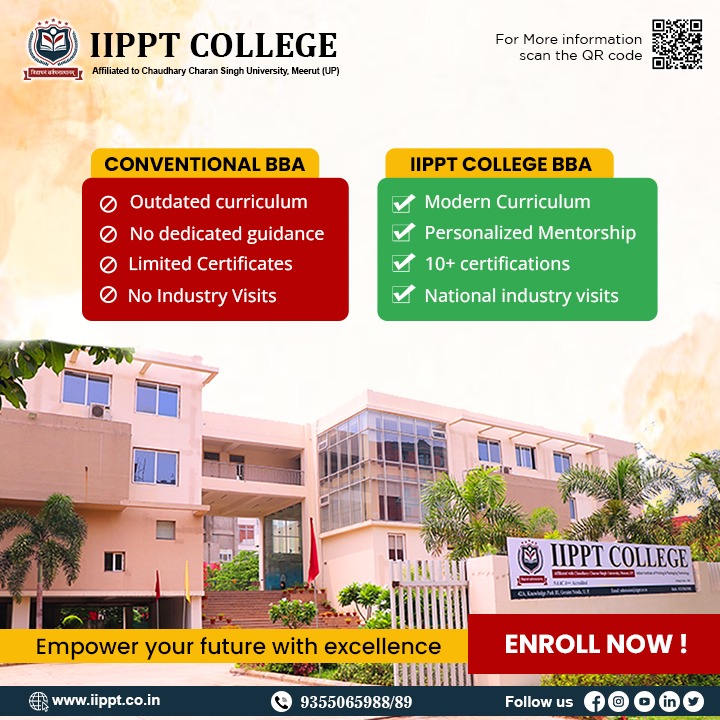 Choosing between Conventional BBA and IIPPT College BBA? Let's break it down.

#BBAComparison #HigherEdChoices #ConventionalVsIIPPT #FutureReadyEducation #CareerGrowth #GlobalOpportunities #PersonalizedLearning #IndustryRelevance #InnovativeApproach #StudentSuccess
