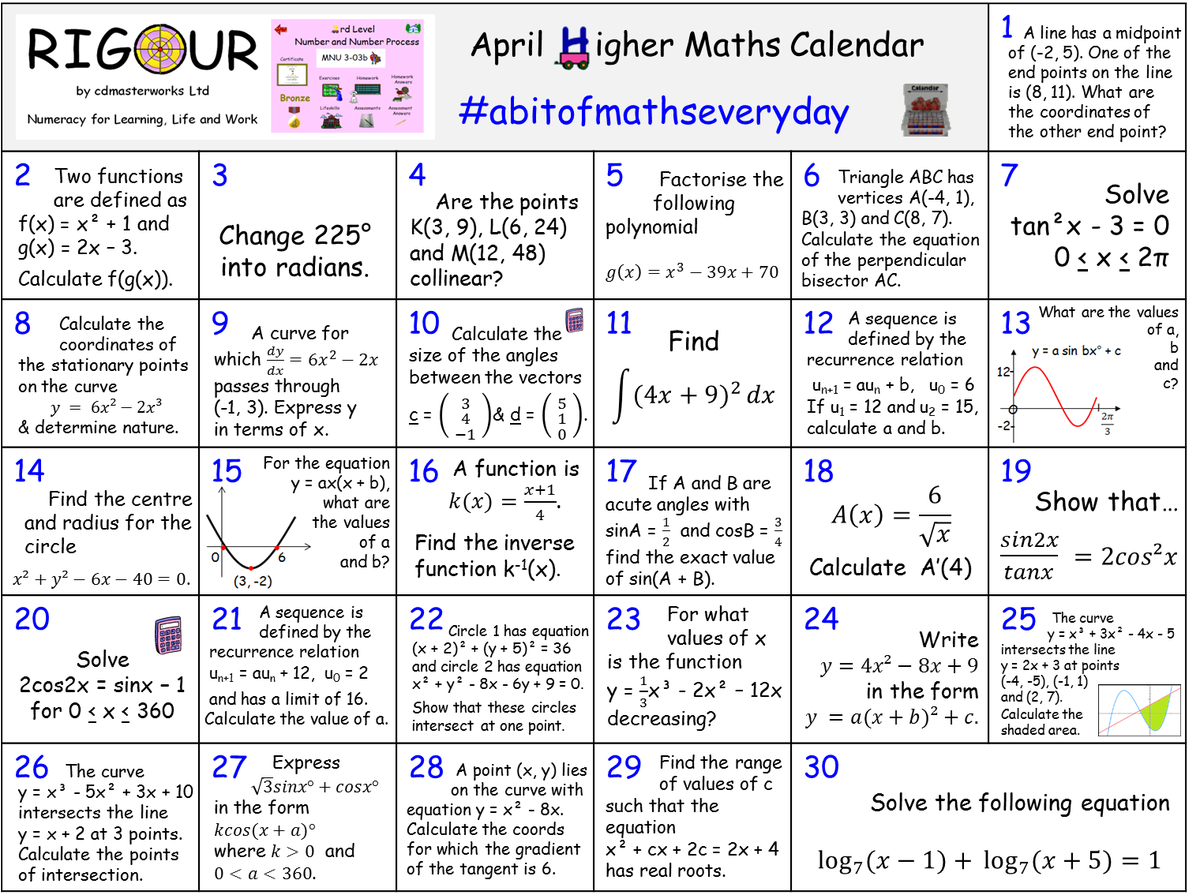 **CALLING ALL Higher Maths Pupils** Do you want some last minute revision and to consolidate your #HigherMaths skills this month? If so, try our April Calendar! Download this calendar & view the answers here; rigourmaths.com/national-quali… #abitofmathseveryday #littleandoften 🥉🥈🥇🎯📅