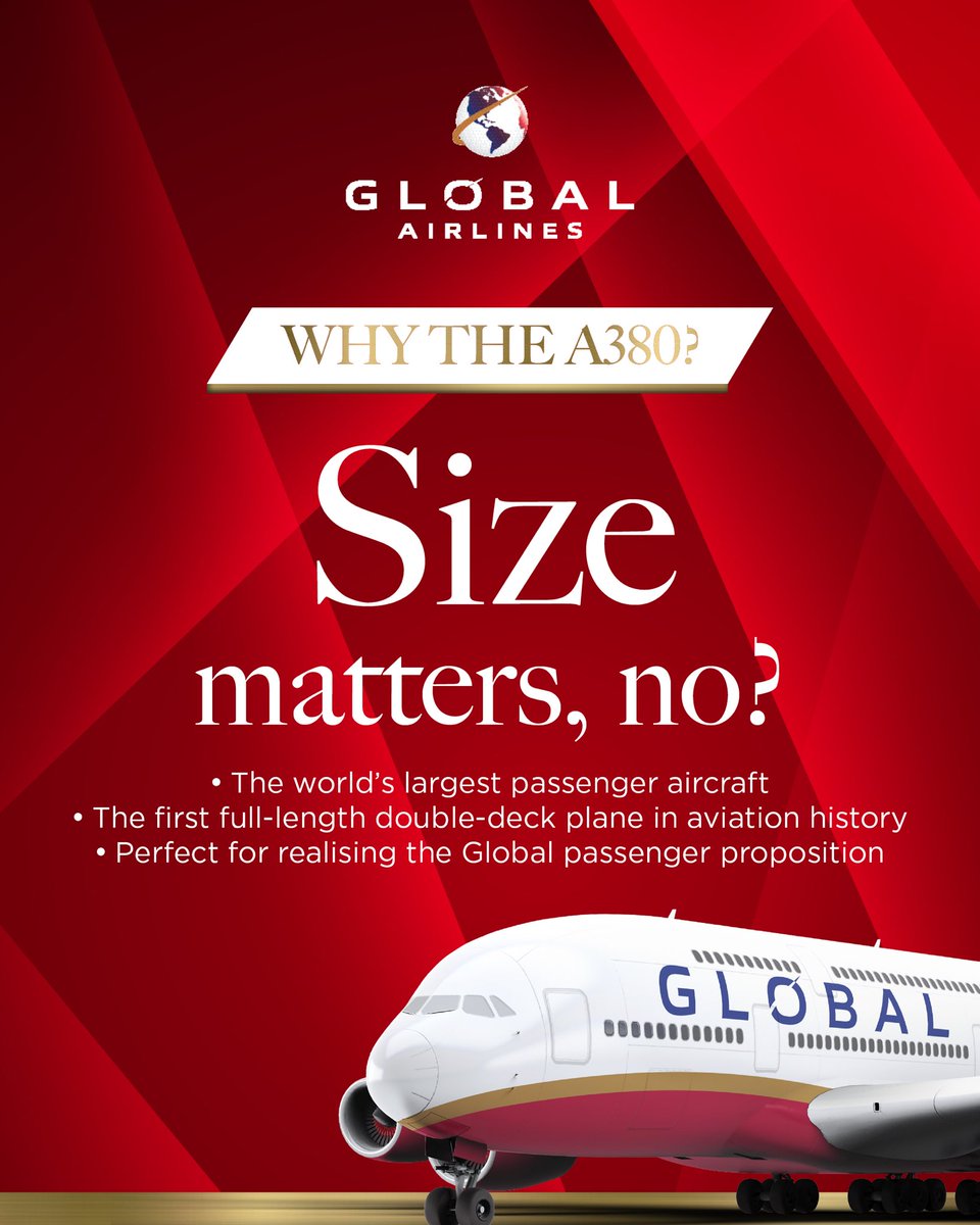globalairlines's tweet photo. Size matters? We know it does, but don’t take our word for it, the fabulous team at Hi Fly strongly agree. As the world’s largest and most spacious passenger aircraft, the A380 is beloved by passengers for its spaciousness and comfort.
#GlobalAirlines #A380 #BestWaytoFly #HiFly https://t.co/ygv31IS2JM