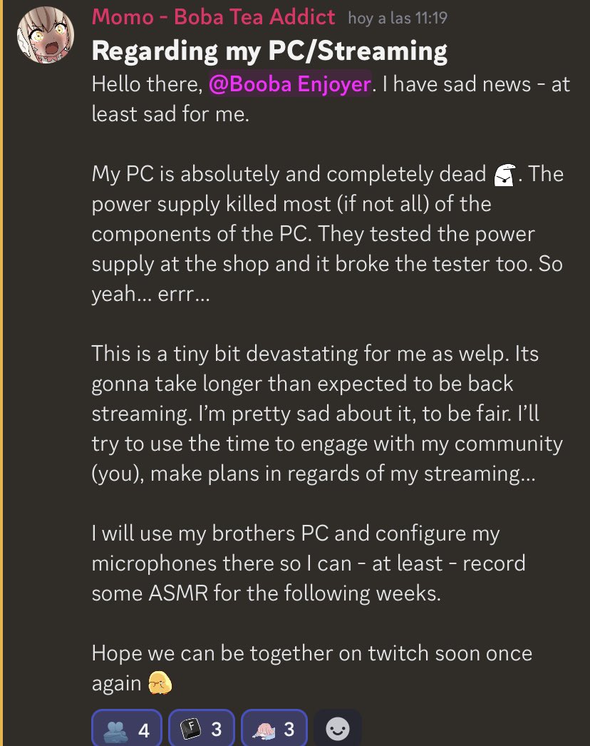 I won’t be able to stream for the next days. I hope to be back mid April. Genuinely sad. Losing momentum is devastating to any content creator, specially to those of us who barely started. I’m also scared of having lost all that I had in my computer. Memories and work 😔