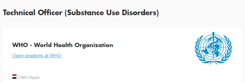 #OpenPosition with @WHOEMRO in #Cairo, #Egypt!

Do you have an advanced degree in Clinical Psychology or Psychiatry and/or specialized training in the #prevention and #treatment of #substanceusedisorders/#addiction medicine?

Apply here: bit.ly/4ah2GRH
⏰: 15 April 2024