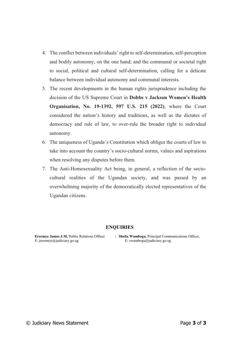 Here’s the Press Release from ⁦@JudiciaryUG⁩ containing the gist of the long awaited Constitutional Court decision in the Anti-Homosexuality Act 2023. The Court has declared as unconstitutional Sections 3(2)(c), 9, 11(2)(d) and 14 of the said law. Over to you analysts.