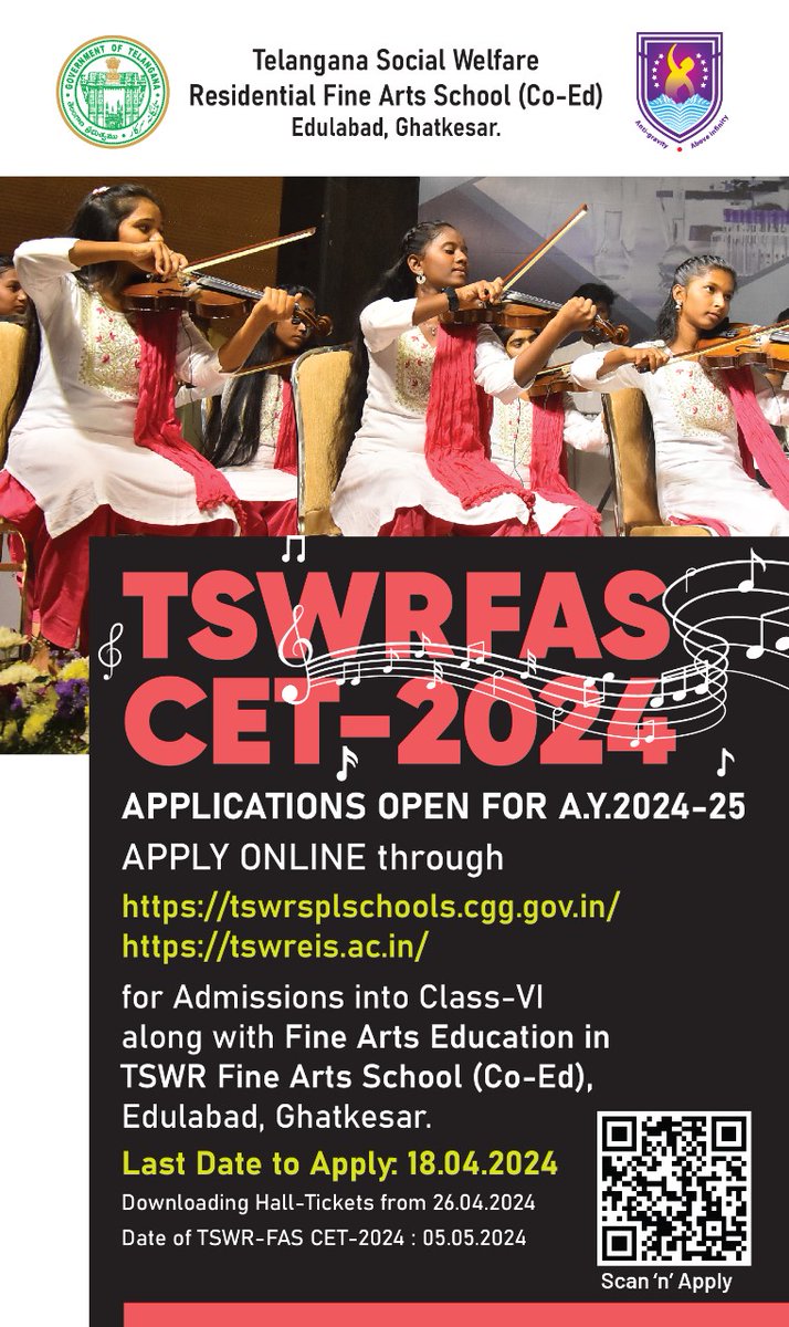 #TSWREIS is now accepting applications for admission to the Telangana Social Welfare Residential Fine Arts School for the VI class. For further information, please visit tswreis.ac.in