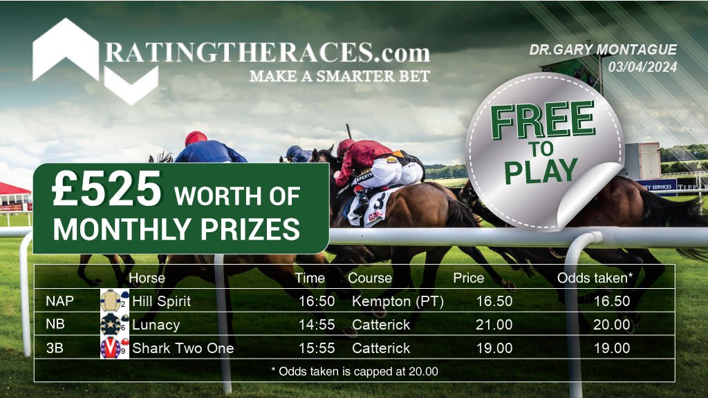 My #RTRNaps are: Hill Spirit @ 16:50 Lunacy @ 14:55 Shark Two One @ 15:55 Sponsored by @RatingTheRaces - Enter for FREE here: bit.ly/NapCompFreeEnt…