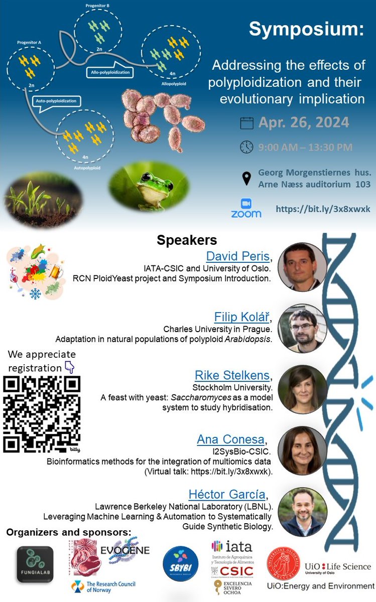 Happy to organize and announce a symposium on #polyploidization and methods to address their evolutionary consequences. Fantastic speakers that will visit us on 26th April 2024 in @biovitenskap! Save the date! It's free but registration is required at bit.ly/3IUx08O