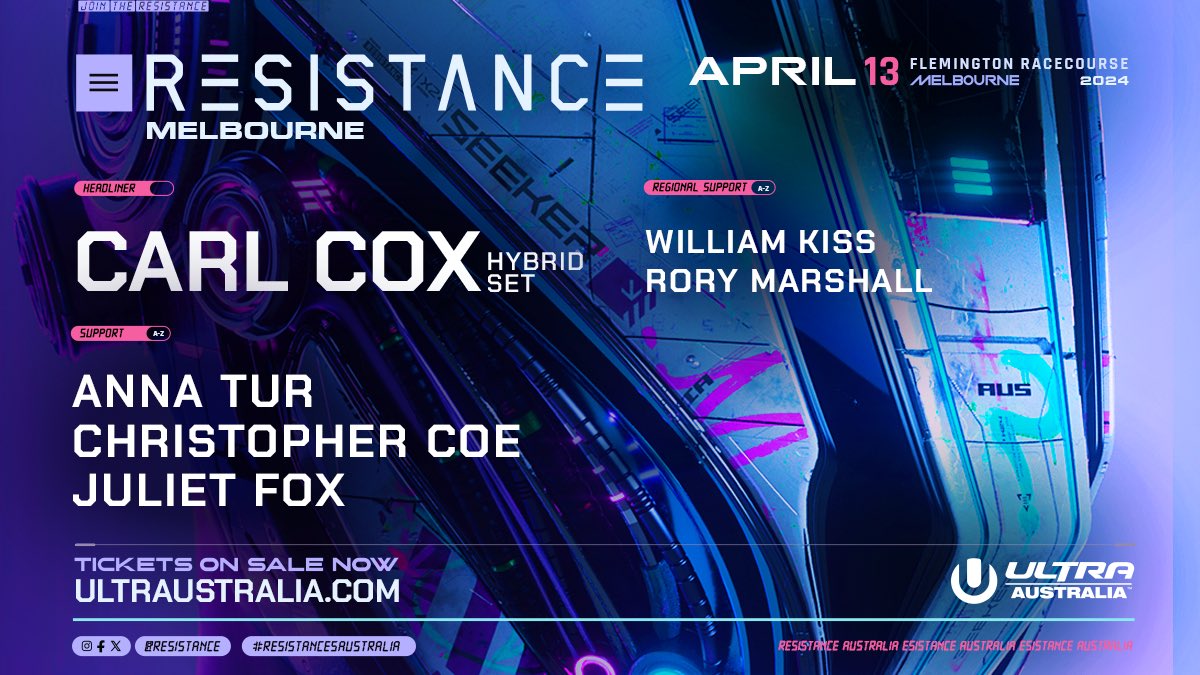 Ultra Australia (@ultraaustralia) on Twitter photo Melbourne… ready for RESISTANCE? 😈 <a href="/resistance/">RESISTANCE</a>, @carlcoxofficial, <a href="/annaturdj/">Anna Tur</a>, @christophercoemusic, <a href="/djjulietfox/">Juliet Fox</a>, @williamkiss and @rorymarshall_ ⚡️ Melbourne… ready for RESISTANCE? 😈 <a href="/resistance/">RESISTANCE</a>, @carlcoxofficial, <a href="/annaturdj/">Anna Tur</a>, @christophercoemusic, <a href="/djjulietfox/">Juliet Fox</a>, @williamkiss and @rorymarshall_ ⚡️
